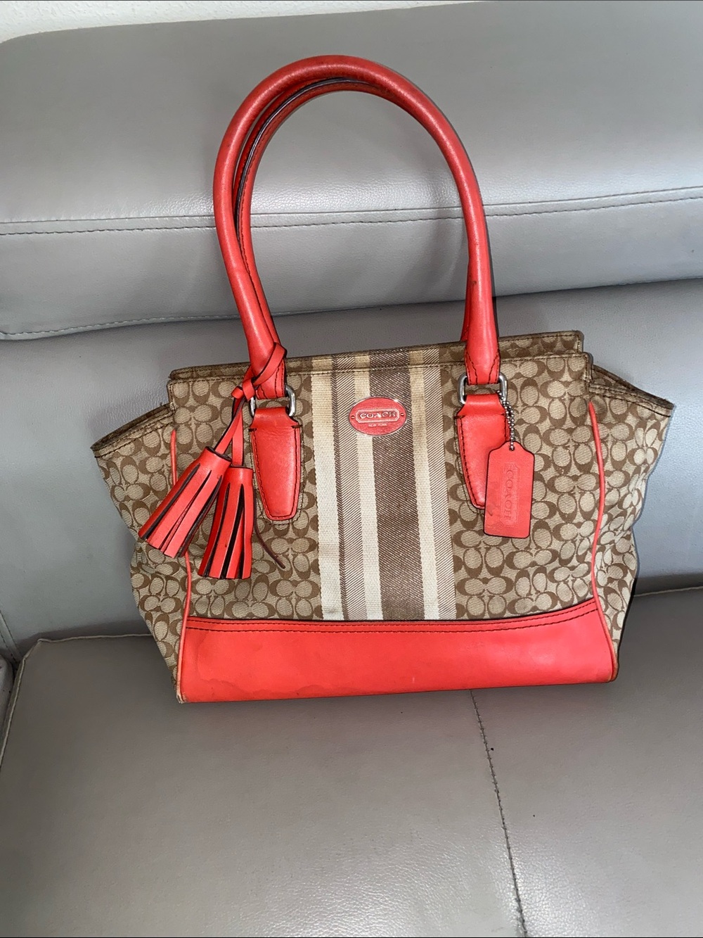 Coach Brown Signature Canvas Tote with Coral-Red Leather Accents